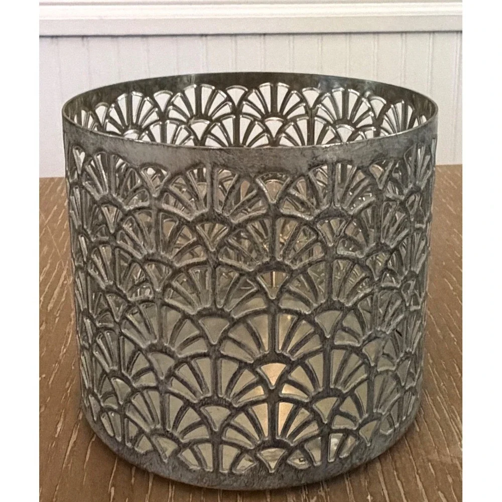 Bath & Body Works 3-Wick Candle Holder Metal Cutout Silver Gray Sleeve